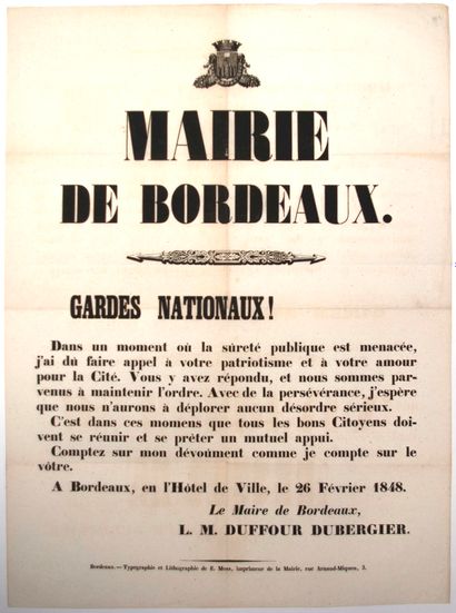 null « MAIRIE DE BORDEAUX (33) ». RÉVOLUTION DE FÉVRIER 1848 – Adresse du Maire de...