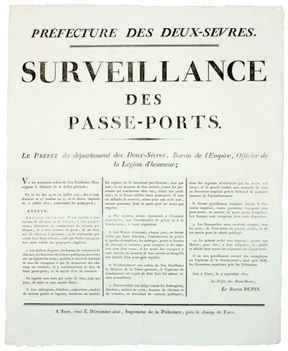 null DEUX-SÈVRES. 1812. "SURVEILLANCE OF PASSPORTS." Order of Baron DUPIN Prefect,...