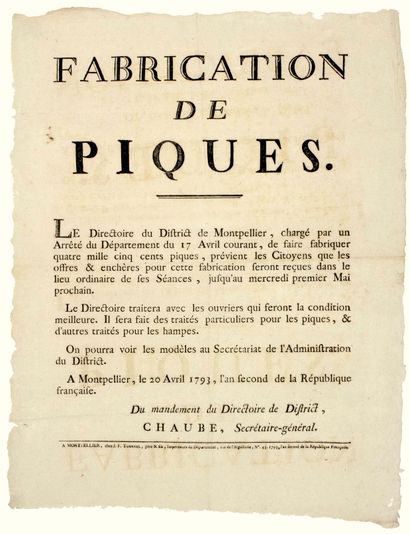 null 1793. HÉRAULT. "MANUFACTURE OF THE PIKES." The Directory of the District of...