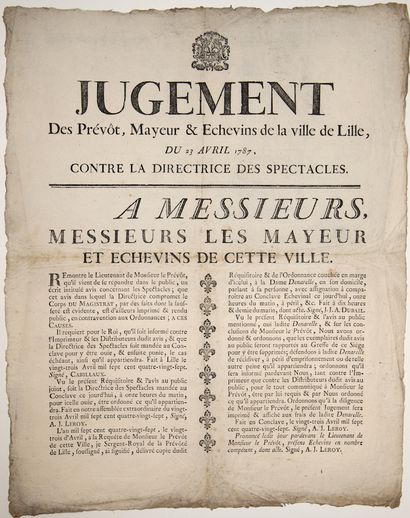 null LILLE (NORD) 1787. CENSURE. Placard (52 x 42). « JUGEMENT des Prévôt, Mayeur...