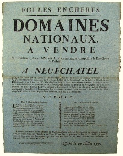 null SEINE-MARITIME. 1791. DISTRICT OF NEUFCHÂTEL. "NATIONAL DOMAINS to be sold,...