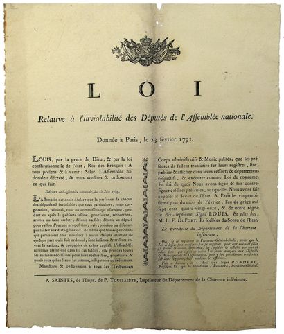 null RÉVOLUTION. 1791. CHARENTE MARITIME. « Loi relative à L’INVIOLABILITÉ DES DÉPUTES...