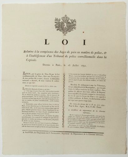 null RÉVOLUTION. 1791. TRIBUNAL DE POLICE CORRECTIONNELLE. CHARENTE MARITIME : « Loi...