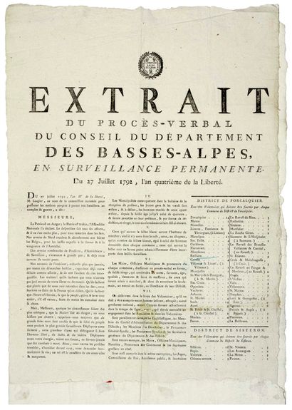 null ALPES DE HAUTE PROVENCE. 1792. "Extract from the minutes of the Council of the...