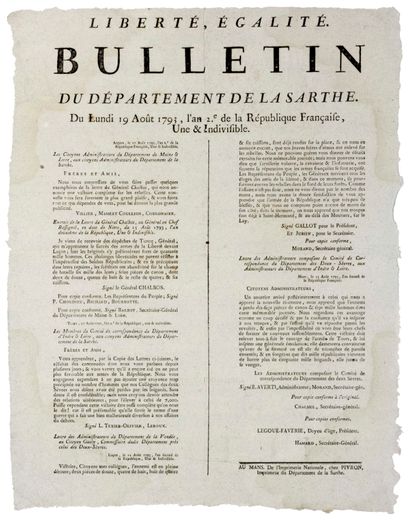 null GUERRE DE VENDÉE. 1793. SARTHE – Bulletin du Département de Sarthe du 19 Août...