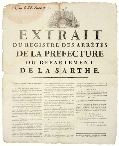 SARTHE. 1801. “Extrait du Registre des Arrêtés...