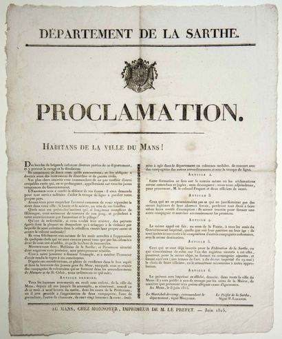 null TERREUR BLANCHE. CHOUANS. SARTHE. 1815. Proclamation des Autorités commandant...