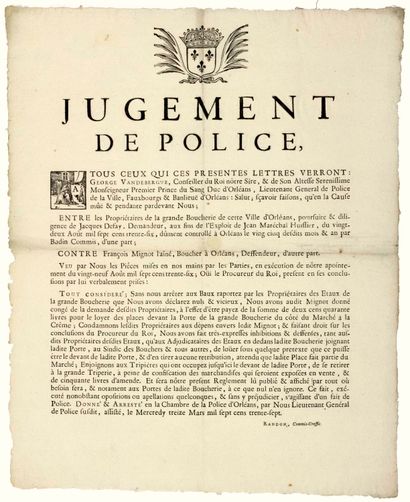 null LOIRET. 1737. LA GRANDE BOUCHERIE D’ORLEANS (45). « Jugement de Police, entre...