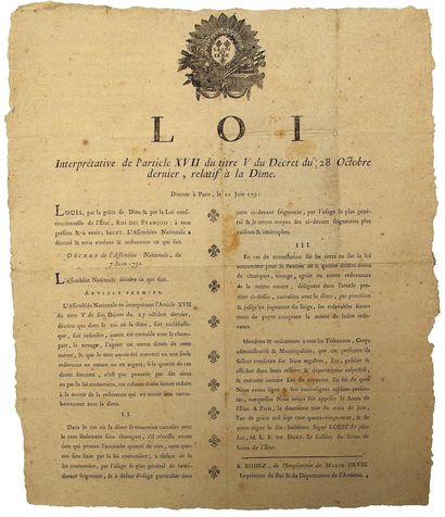 null AVEYRON. 1791. (ABOLITION DE LA DÎME.) - Vignette « Département de l’Aveyron....