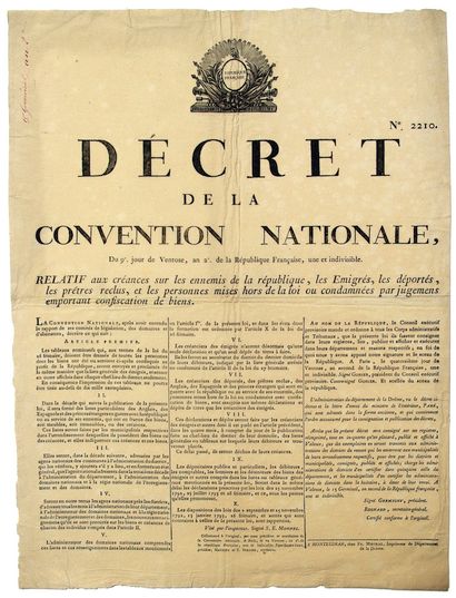 null AN 2. DRUM. EMIGRATION. "Decree of the NATIONAL CONVENTION of 9 Ventôse, Year...