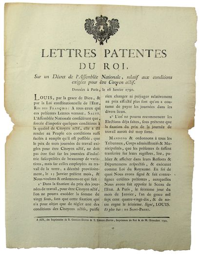 null PROVENCE. 1790. CITOYEN ACTIF - « Lettres patentes du Roi, sur un Décret de...