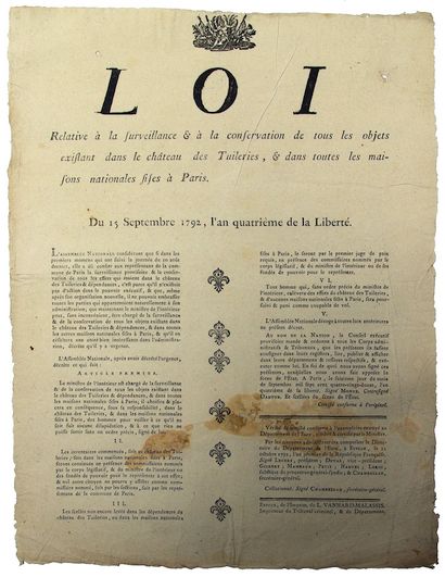 null CHÂTEAU DES TUILERIES. MUSEUM. 1792. EURE. "Law relating to the surveillance...