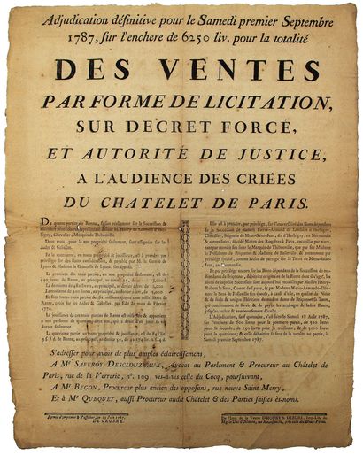 null NORMANDIE. 1787. PARIS. Marquis de THIBOUVILLE. Adjudication définitive pour...