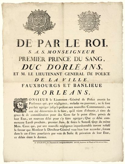 null ORLEANS (45). (1777). "DE PAR LE ROI, S.A.S. Monseigneur Premier Prince de Sang,...