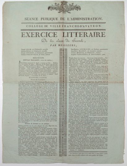 null AVEYRON. 1818. COLLÈGE DE VILLEFRANCHE-D’AVEYRON. Exercice Littéraire de la...