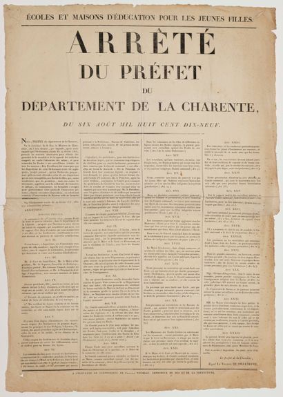 null CHARENTE. 1819. ÉCOLE DES FILLES. « Arrêté du Préfet de la Charente du 6 août...