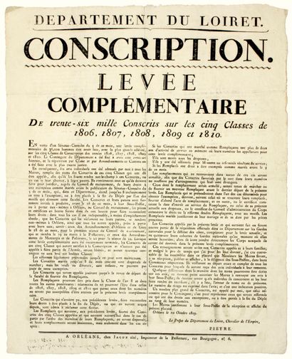null LOIRET. 1809. EMPIRE. "CONSCRIPTION" for THE GREAT ARMY. ORLEANS October 10,...
