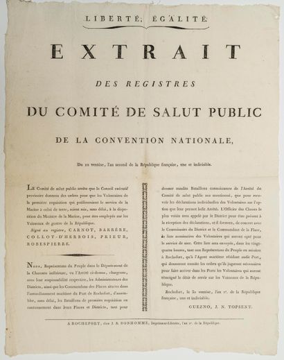 null PORT DE ROCHEFORT (CHARENTE-MARITIME). 1794. ROBESPIERRE. Extrait des registres...