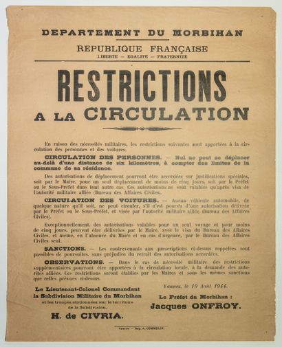 null LIBÉRATION DU MORBIHAN 1944. « RESTRICTIONS A LA CIRCULATION. » VANNES 10 août...