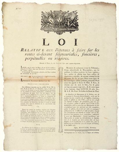 null RÉVOLUTION. 1791. DRÔME. ABOLITION DE LA NOBLESSE : “LOI relative aux Retenues...