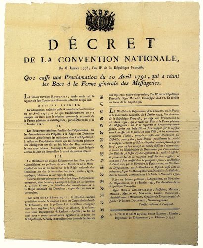 null CHARENTE. 1793. FERME GÉNÉRALE DES MESSAGERIES. « Décret de la Convention Nationale...