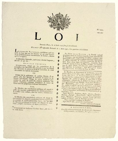 null DANTON. 1792. CHARENTE. REQUISITION OF THE BELLS. "Law given in Paris, August...