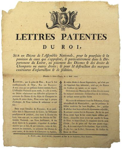 null PAU (64). 1790. RÉVOLUTION. INSURRECTION & SÉDITION. Lettres patentes de l’Assemblée...