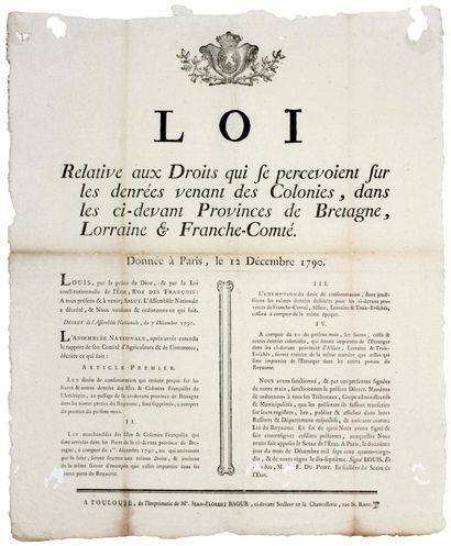 null DENRÉE DES ISLES & COLONIES Françaises de l'AMÉRIQUE. 1790 - "LOI relative aux...