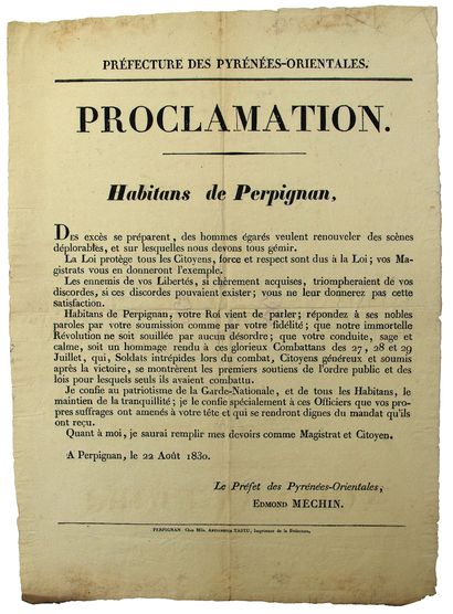 null LES TROIS GLORIEUSES. 1830. PYRÉNÉES-ORIENTALES. Proclamation d’Edmond MÉCHIN...