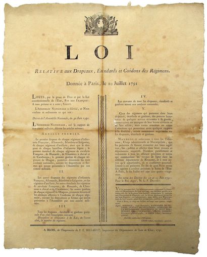 null LOIR-ET-CHER. 1791. DRAPEAUX TRICOLORES DES RÉGIMENTS. « Loi relative aux DRAPEAUX,...