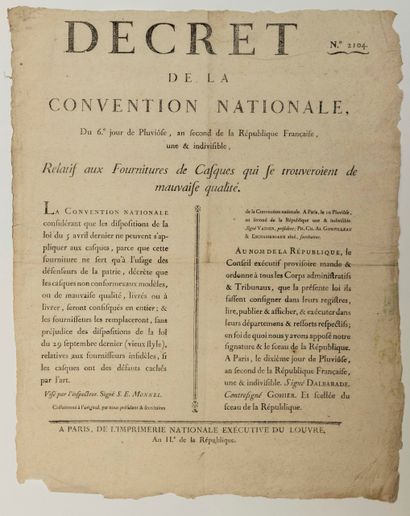 null HELMETS. "Decree of the NATIONAL CONVENTION, of 6 Pluviôse An 2 (January 25,...