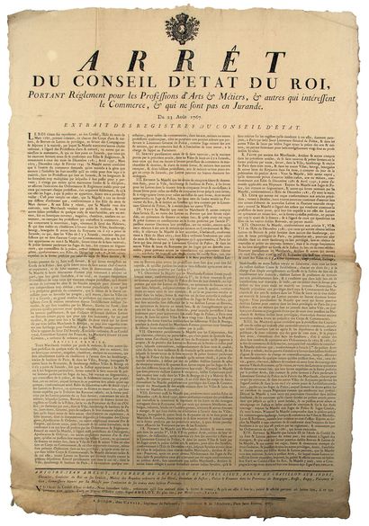 null BURGUNDY. 1767. ARTS & CRAFTS. "Decree of the State Council of the King bearing...