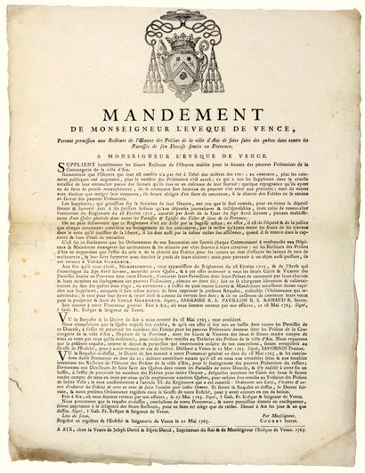 null VENCE (06). 1763. PRISONS D’AIX-EN-PROVENCE (13). MANDEMENT de Monseigneur l’Évêque...