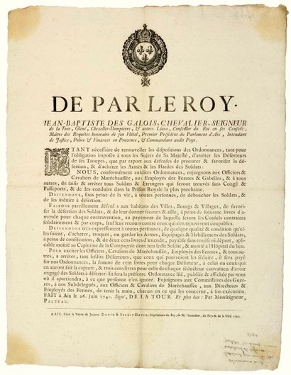 null 1740. PARLIAMENT OF AIX EN PROVENCE. ARREST OF DESERTERS. Ordinance of Mgr Jean...
