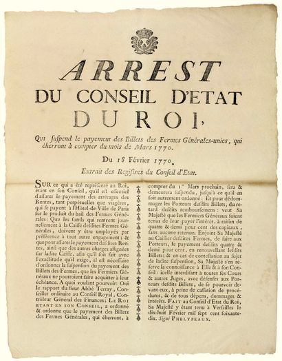 null BILLETS des FERMES GÉNÉRALES-UNIES. 1770. “Arrest du Conseil d’État du Roi,...