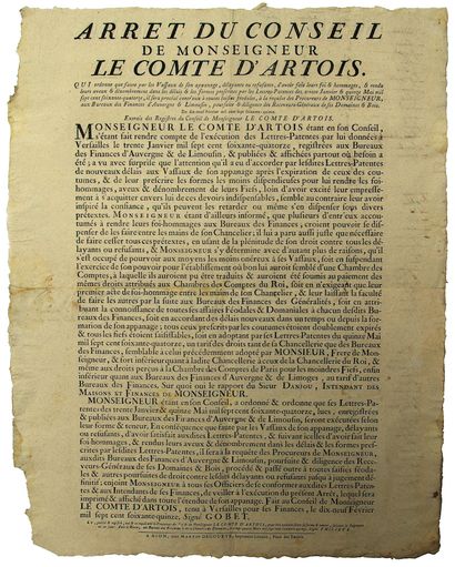 null RIOM (63). 1775. VERSAILLES (78). Apanage du COMTE D’ARTOIS – « Arrêt du conseil...