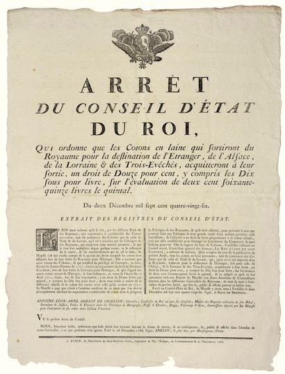 null BOURGOGNE. 1786. (COMMERCE DES COLONIES, de L’INDE et du LEVANT. DOUANE). “Arrêt...