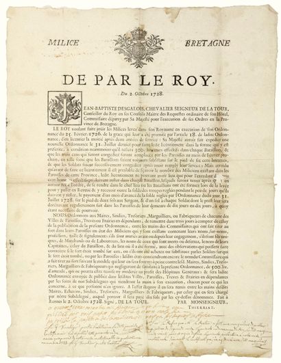 null 1728. "BRITAIN. Dismissal of half of the MILICES . Order of Jean-Baptiste DES...