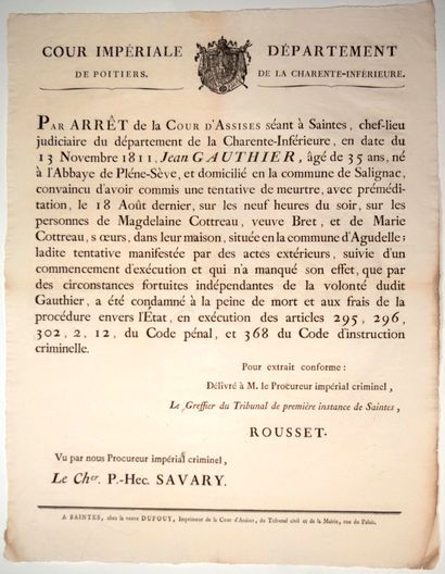 null CHARENTE-MARITIME. GIRONDE. 1811. DEATH SENTENCE. Placard (52 x 41) "By decision...