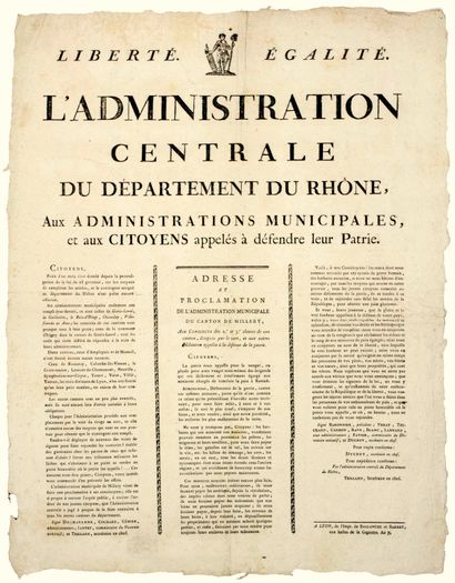null RHÔNE. 1799. DÉFENSE DE LA PATRIE. « L’Administration Centrale du Département...