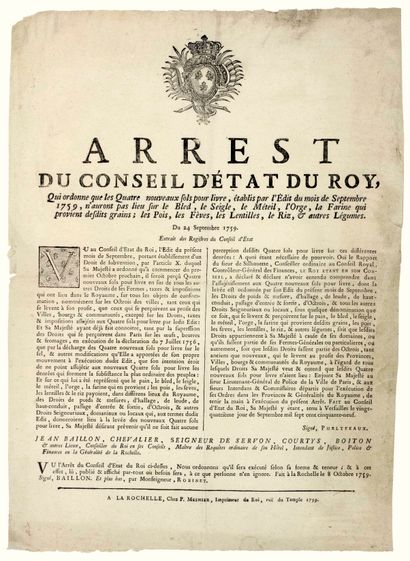null 1759. GÉNÉRALITÉ DE LA ROCHELLE (17). “ARREST du Conseil d’État du Roy, qui...