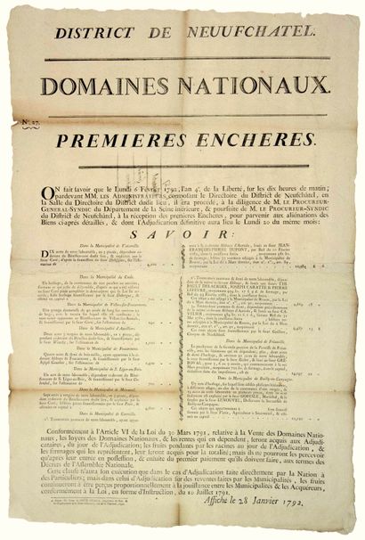 null SEINE MARITIME. 1792. District de NEUFCHÂTEL EN BRAY (76). VENTE DE DOMAINES...