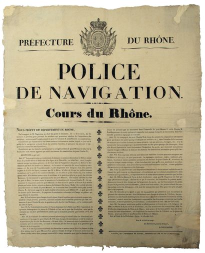 null POLICE DE NAVIGATION sur le COURS DU RHÔNE. Lyon 18 août 1825. Arrêté du Préfet...