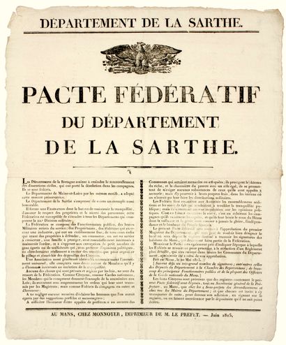 null SARTHE. 1815. « PACTE FÉDÉRATIF du Département de la SARTHE. ». Fait au MANS...