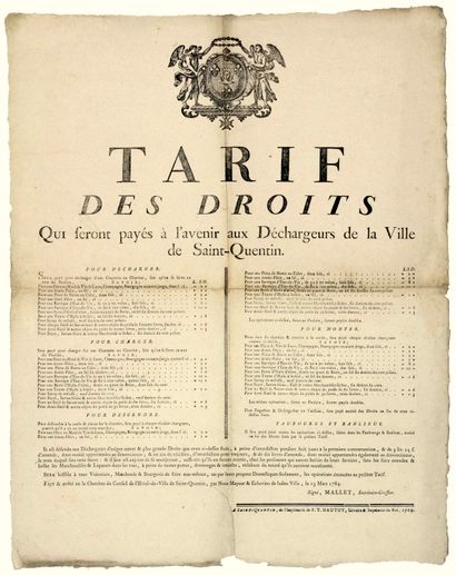 null AISNE. 1784. “TARIF DES DROITS qui seront payés à l’avenir aux DÉCHARGEURS de...