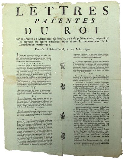 null EURE. 1790. PATRIOTIC CONTRIBUTION. "Letters patent of the King, on the Decree...
