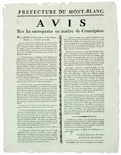 null SAVOIE. 1809 . "PREFECTURE OF MONT-BLANC": "Notice on the ESCROQUERIES IN CONSCRIPTION...