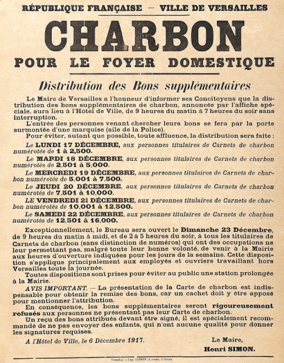 null “VILLE DE VERSAILLES” (78) 1917 - “CHARBON pour le Foyer domestique” - Distribution...