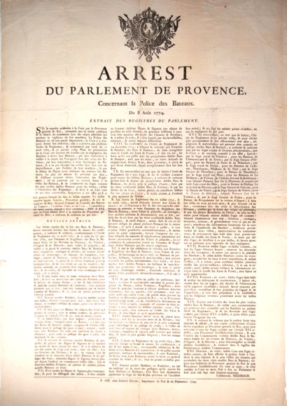 null MARINE. 1774. PROVENCE. « Arrêt du Parlement de Provence concernant LA POLICE...