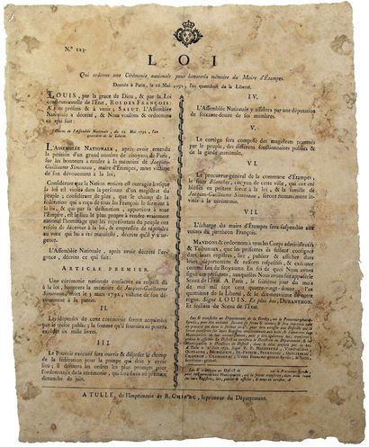 null ESSONNE. 1792. "Law ordering a NATIONAL CEREMONY to honor the memory of the...